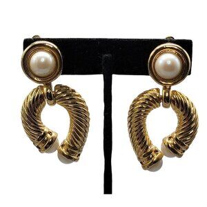 Faux Pearl Horse Shoe Dangling Clip-On Earrings Statement Jewelry Gold Tone